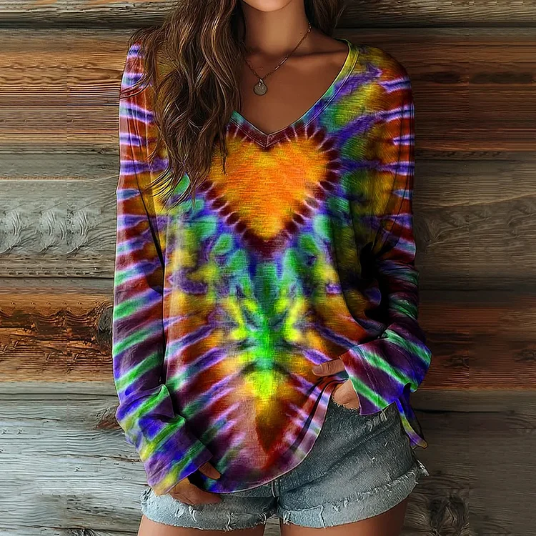 Women's Hippie Heart Tie-dye Art Print Casual V-neck Long Sleeve T-shirt