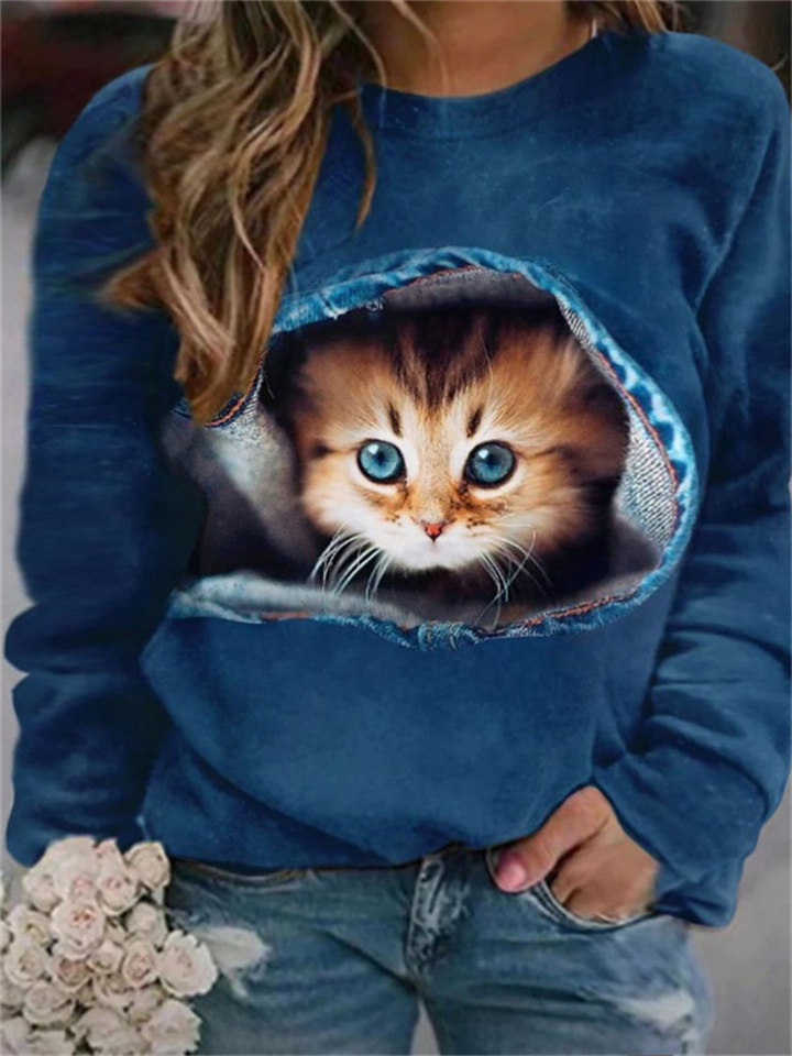 Women's Plus Size Tops Pullover Sweatshirt Hoodie Sweatshirt Animal Cat Print Long Sleeve Crew Neck Streetwear Casual Holiday Hoodie Daily Vacation Polyester Winter Fall Blue khaki