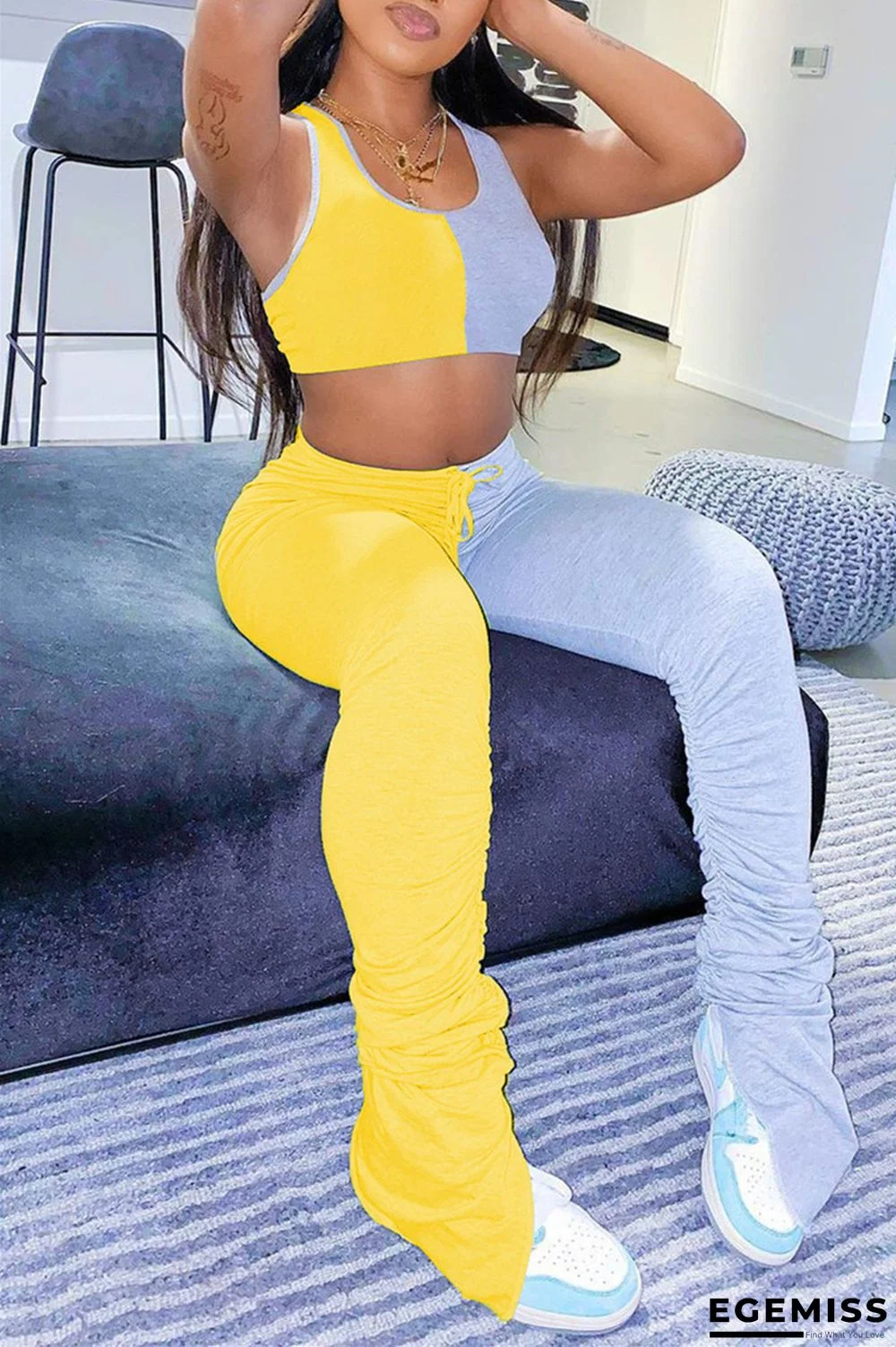 Yellow Casual Solid pencil Sleeveless Two Pieces | EGEMISS