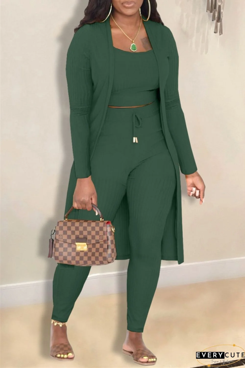 Casual Solid Cardigan Vests Pants Long Sleeve Three Piece Set