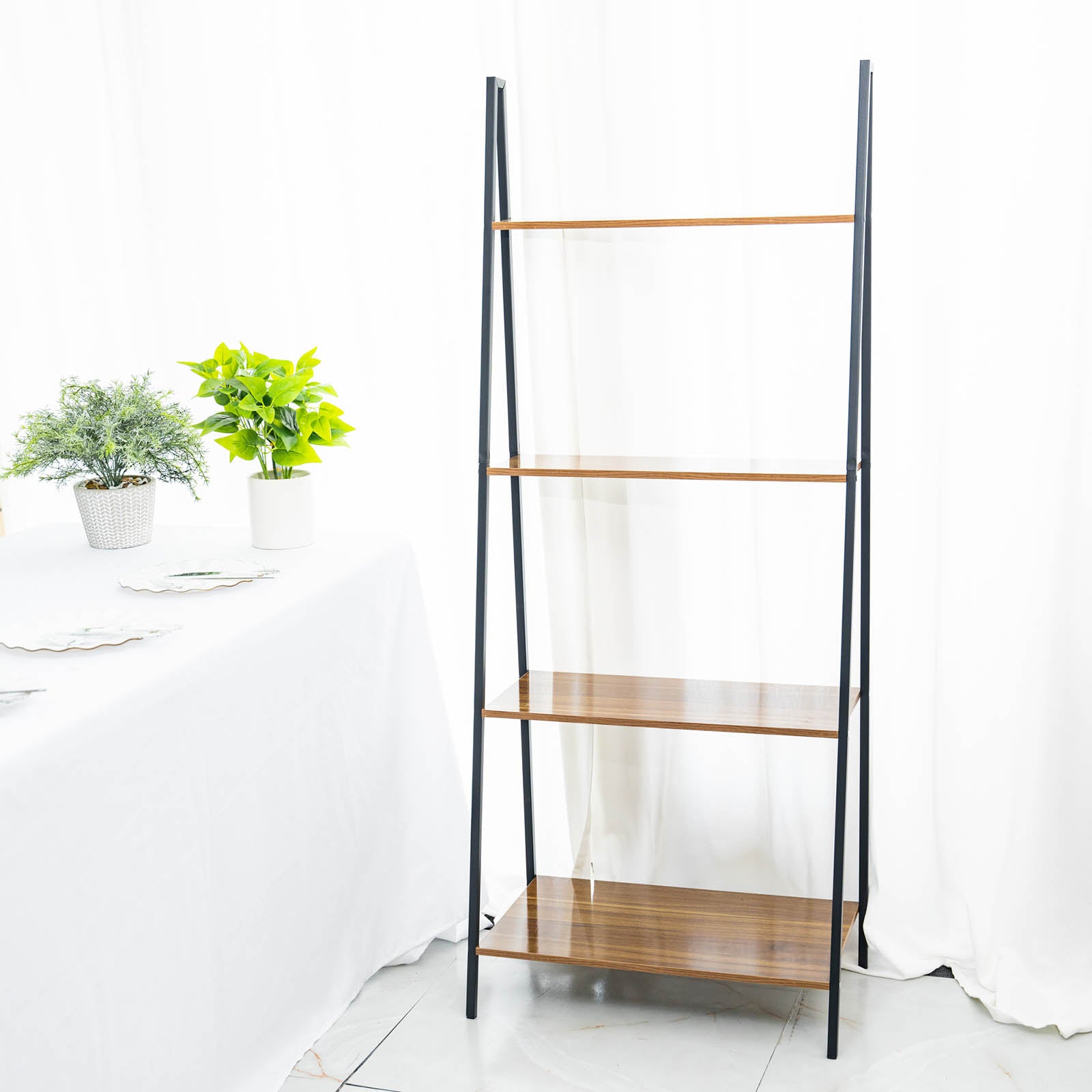 5ft 4-Tier Metal Leaning Ladder Bookshelf Stand With Natural Wood Racks