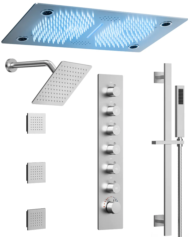 EVERSTEIN 7.56" x 15.75" Ceiling Mount Luxury Dual Rain Shower System with 3 Body Jets, LED Lights, Bluetooth music function, Brushed Nickel, SFS-1052-NK