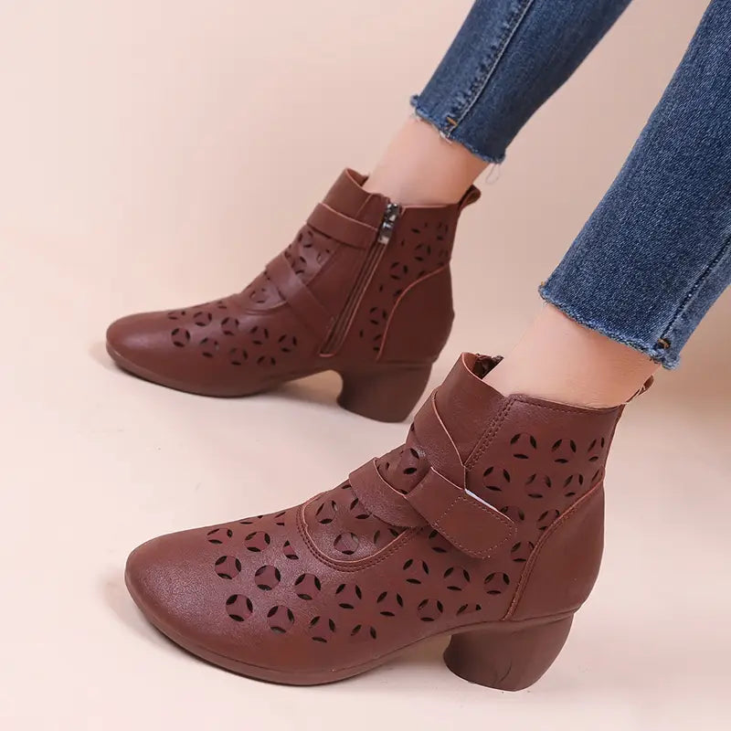 Hollow Out Boots Women Retro Style Side Zip Mid Heels Shoes