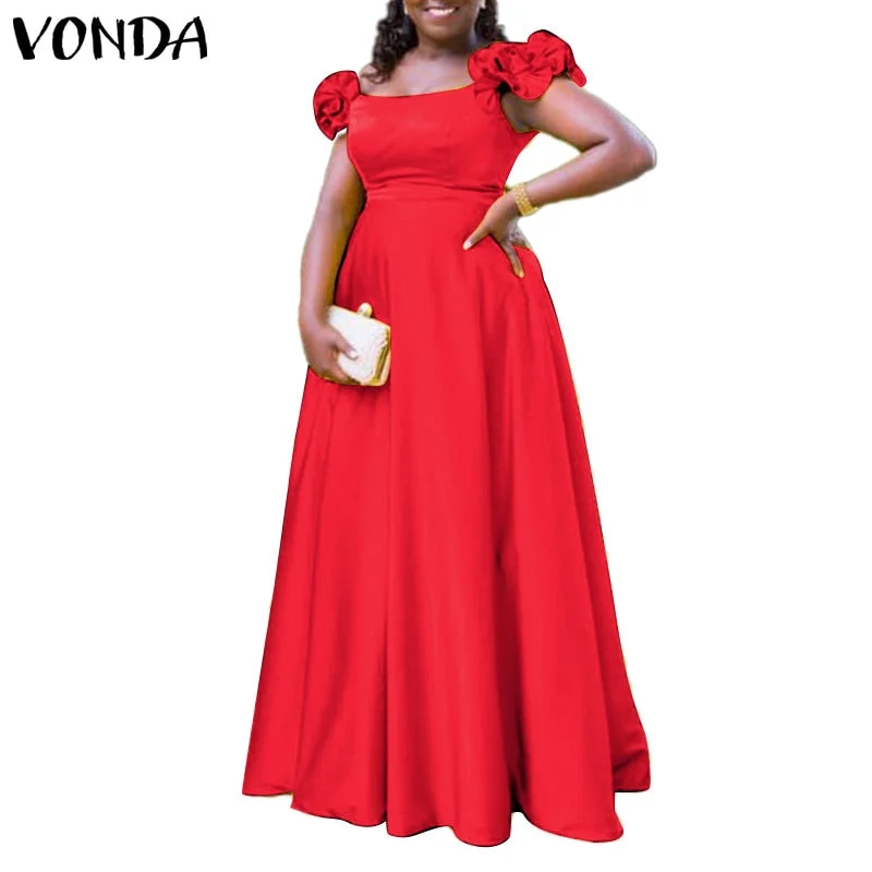 Big Swing A-line Maxi Dress Women Summer Party Dress 2022 VONDA Vintage Solid Color Robe Elegant Bohemian Sundress Femininas