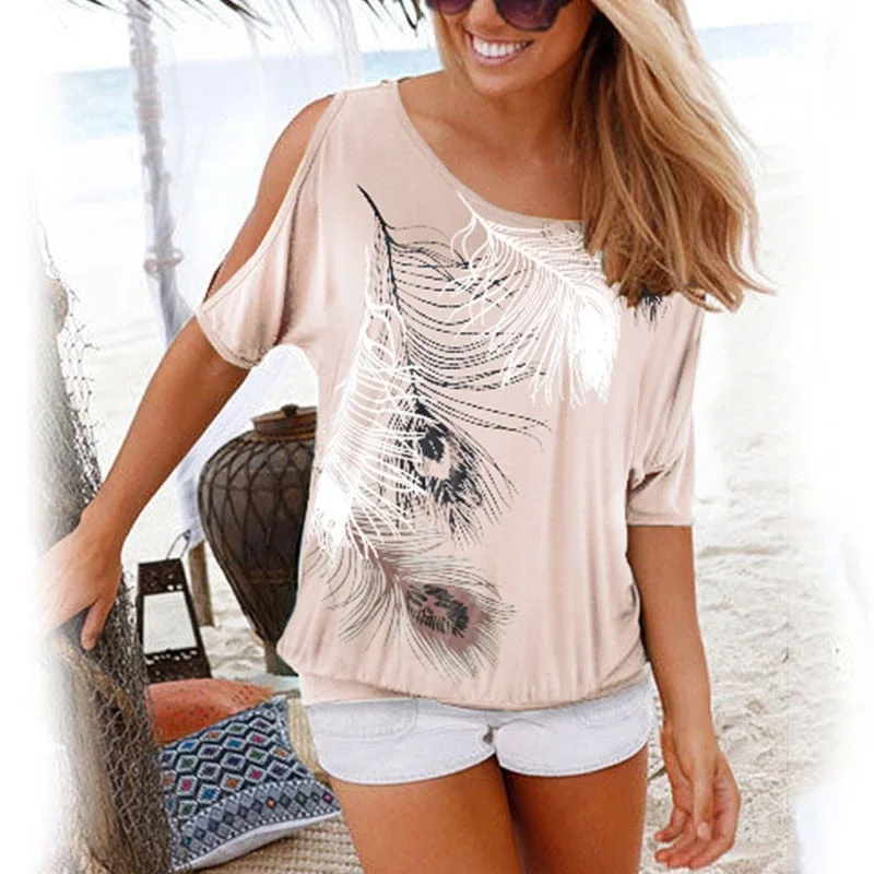 Women Short Sleeve Blouse Casual O-Neck Shirt Loose Style Sexy Off Shoulder Fashion Print Blouse
