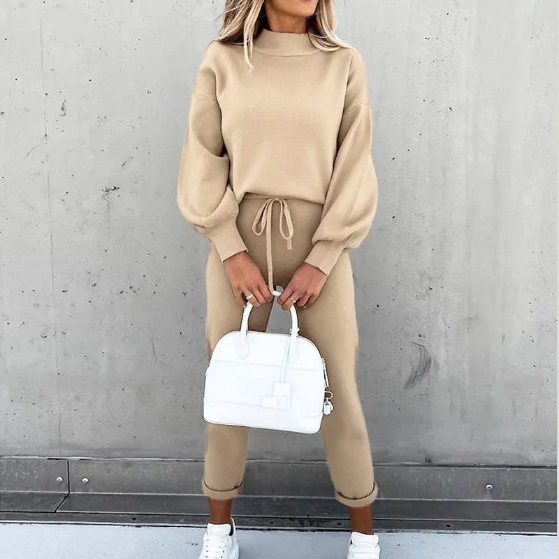 2021 autumn and winter women's sweater suit new high-neck casual solid color trousers pocket two-piece suit