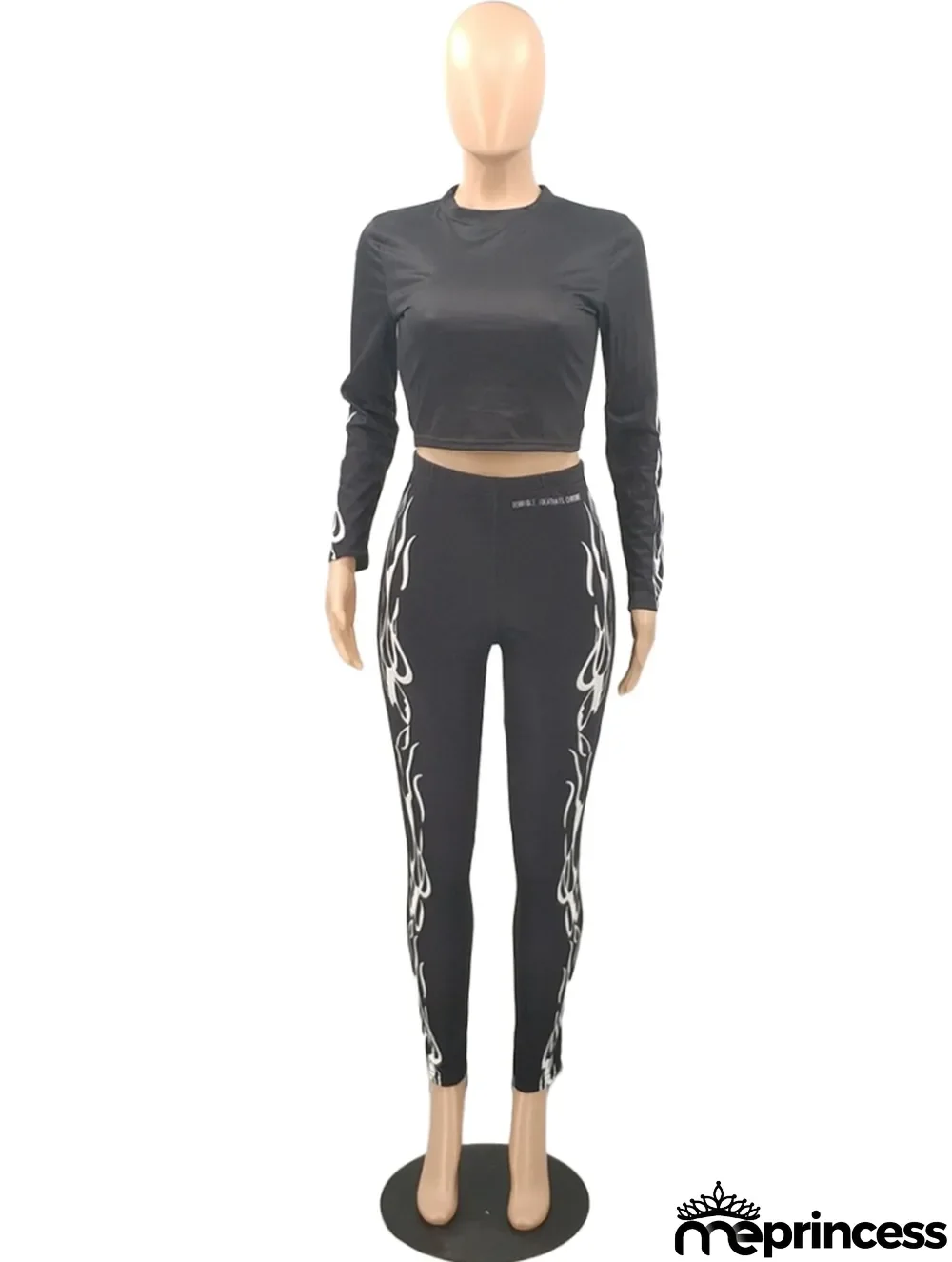 Spring Sexy Black Print Round Collar Long Sleeve Crop Top And Pant Wholesale Womens 2 Piece Sets
