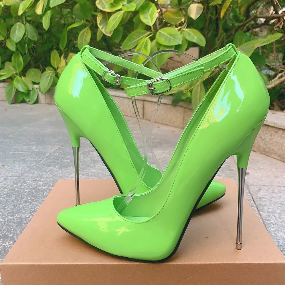 GOOSHOE High Heels 16cm Stilettos Women Bling Light Green Ankle Strap Fetish Man Pumps