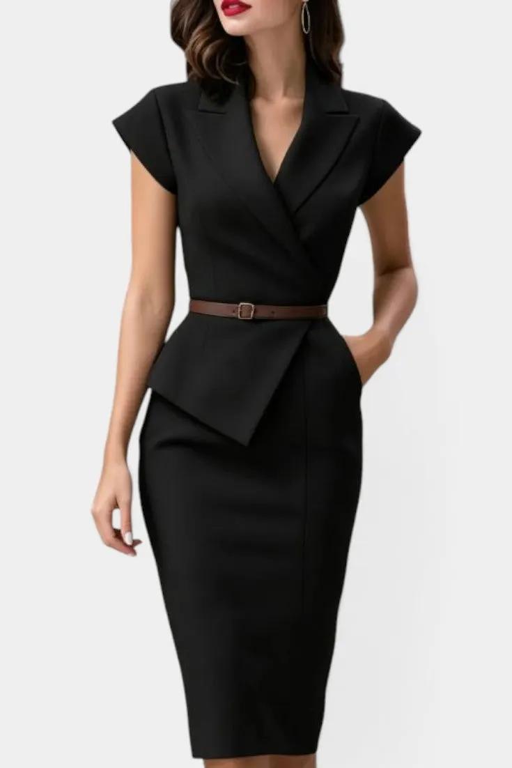 Structured Blazer and Pencil Skirt Set with Belt Accent
