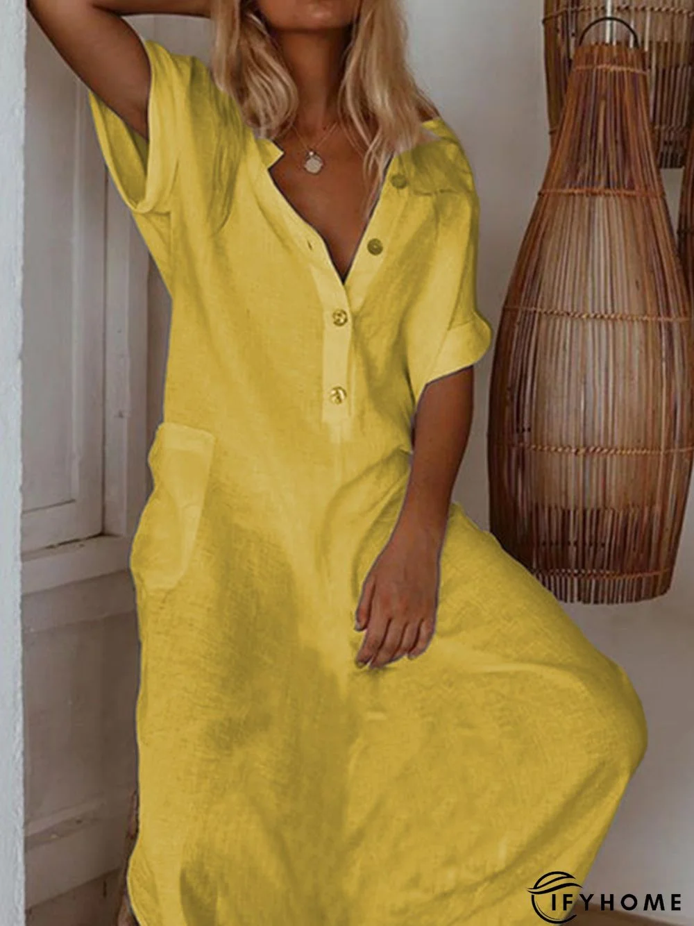 Women Casual V-Neck Short Sleeve Maxi Dress | IFYHOME