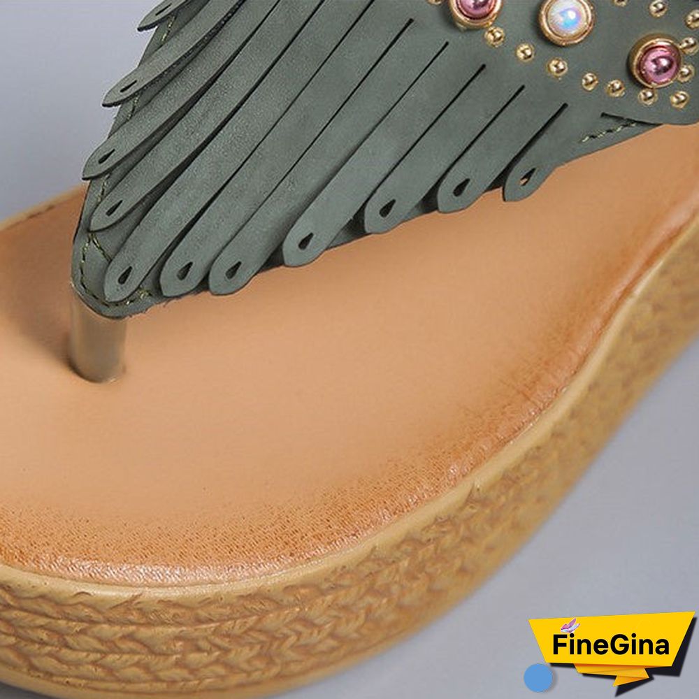 Women's Summer Tassel Wedge Flip Flops Thick Sole Beach Sandals