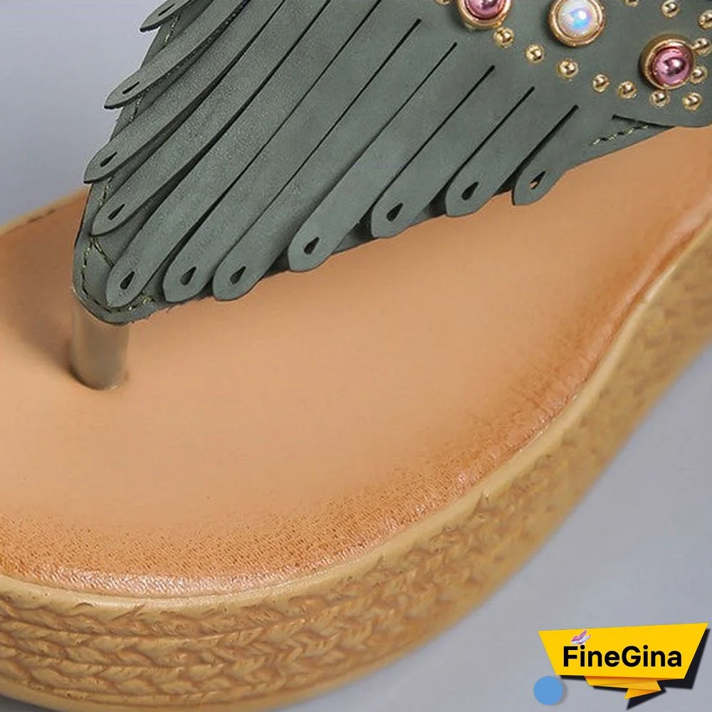 Women's Summer Tassel Wedge Flip Flops Thick Sole Beach Sandals