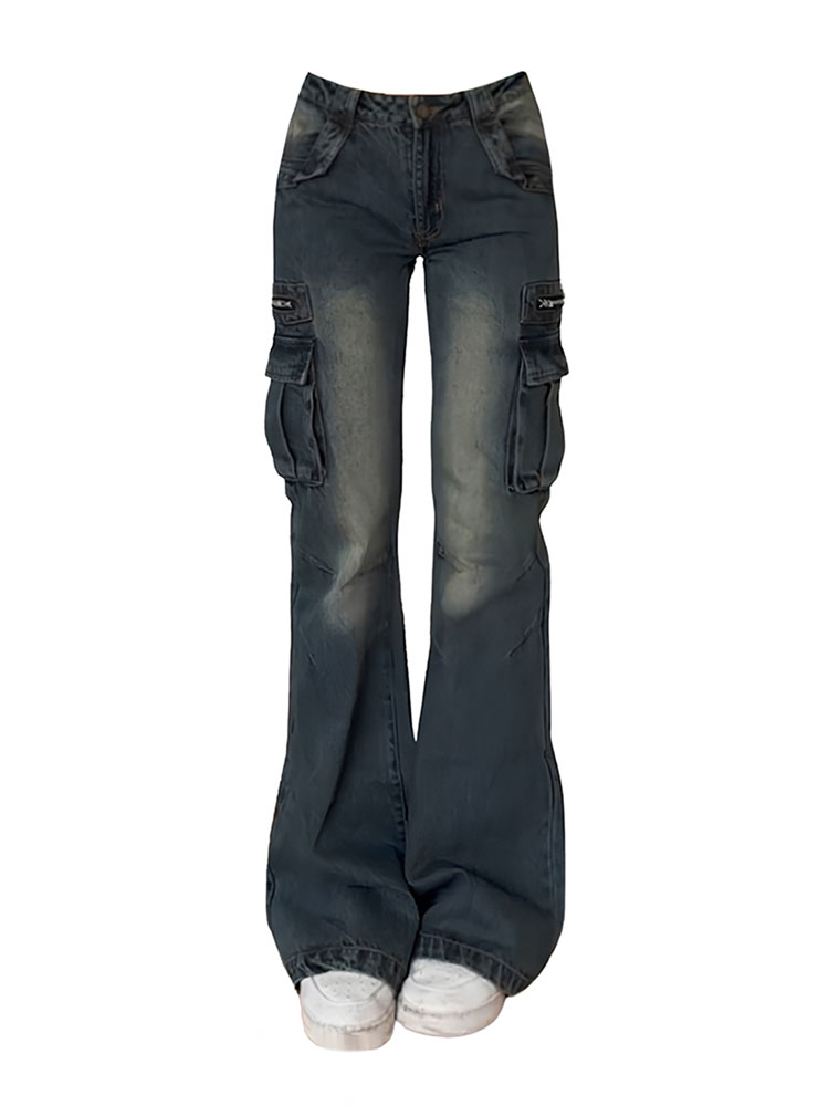 Wildrems Women Baggy Pockets Cargo Pants Casual Streetwear High Waist Straight Trousers 2000s Aesthetic Hiphop Pants Zipper Punk Cyber