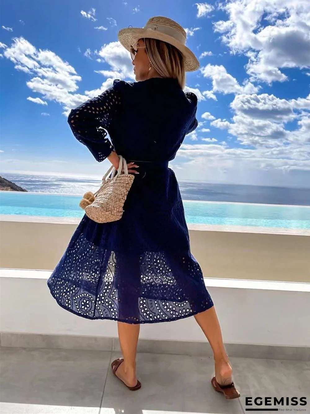 Casual Lace Round Neck Belt Long Dress Women White Dresses | EGEMISS