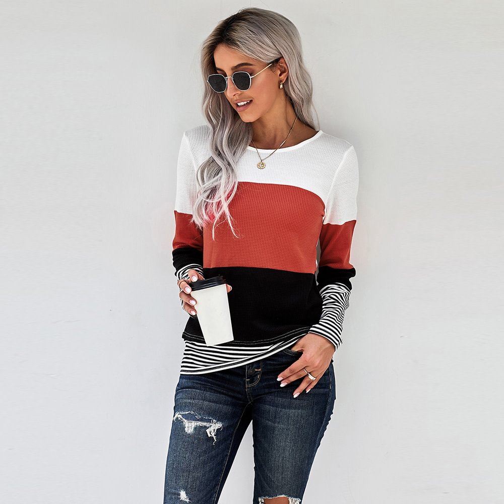 Pullover Patchwork Long Sleeve Top Women's Casual T-shirt