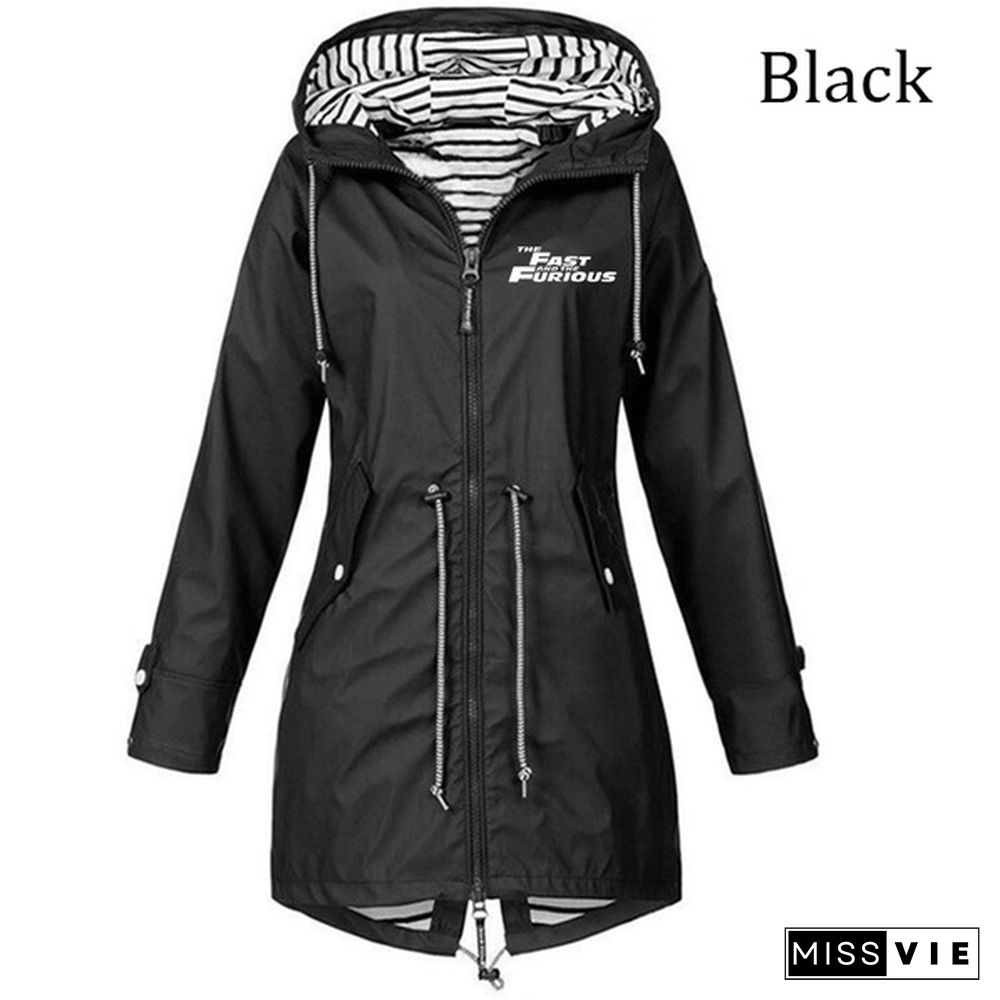 Ladies Double Layer Waterproof Lightweight Rain Jacket Outdoor Hooded Zipper Coats