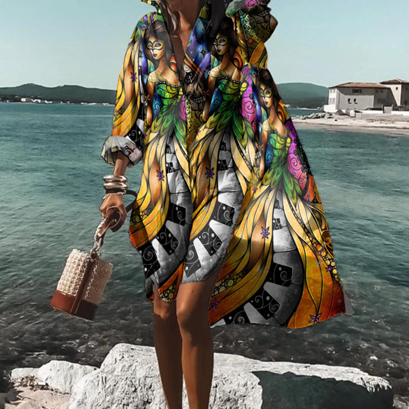 Abstract Hippie Print Loose Slouchy Shirt Midi Dress wearshes