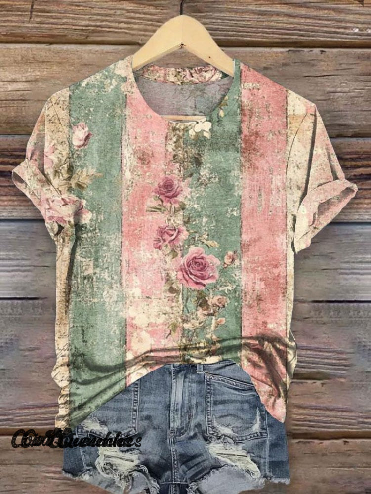 Vintage Flower Print Grim Reaper Halloween T-Shirt / S