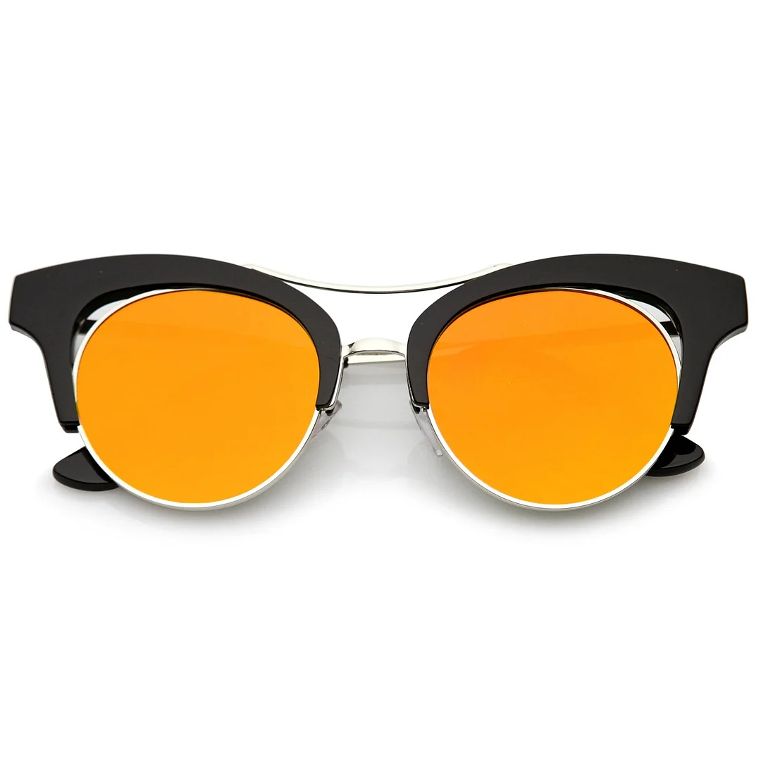 Women's Oversize Cutout Brow Bar Mirror Round Flat Lens Cat Eye glasses 51mm