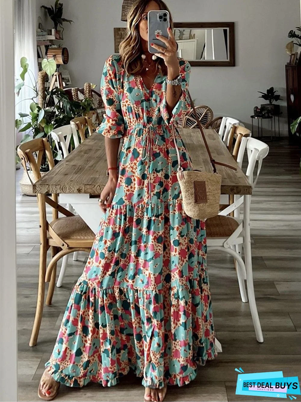 New Women's Print Short Sleeve Maxi Dresses