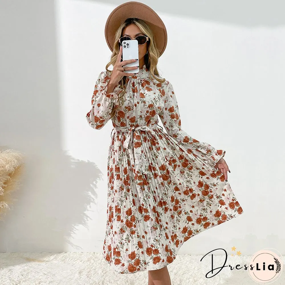 Flare Sleeve Floral High Neck Temperament Waist Dress