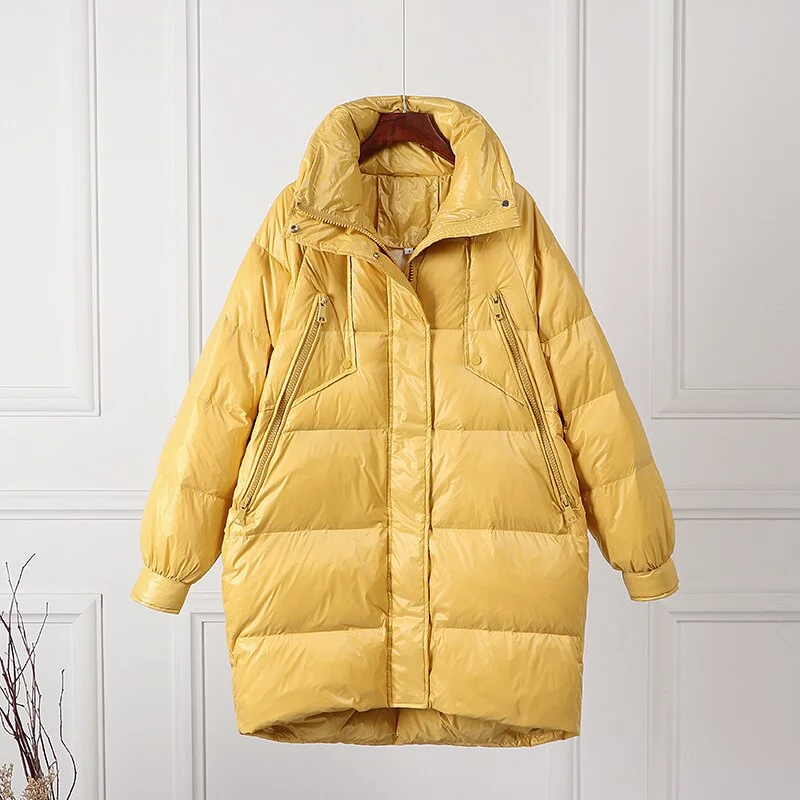 FTLZZ White Duck Down Long Jacket Woman Stand Collar Coat Winter Loose Waterproof Down Overcoat Parka Female Warm Snow Outerwear