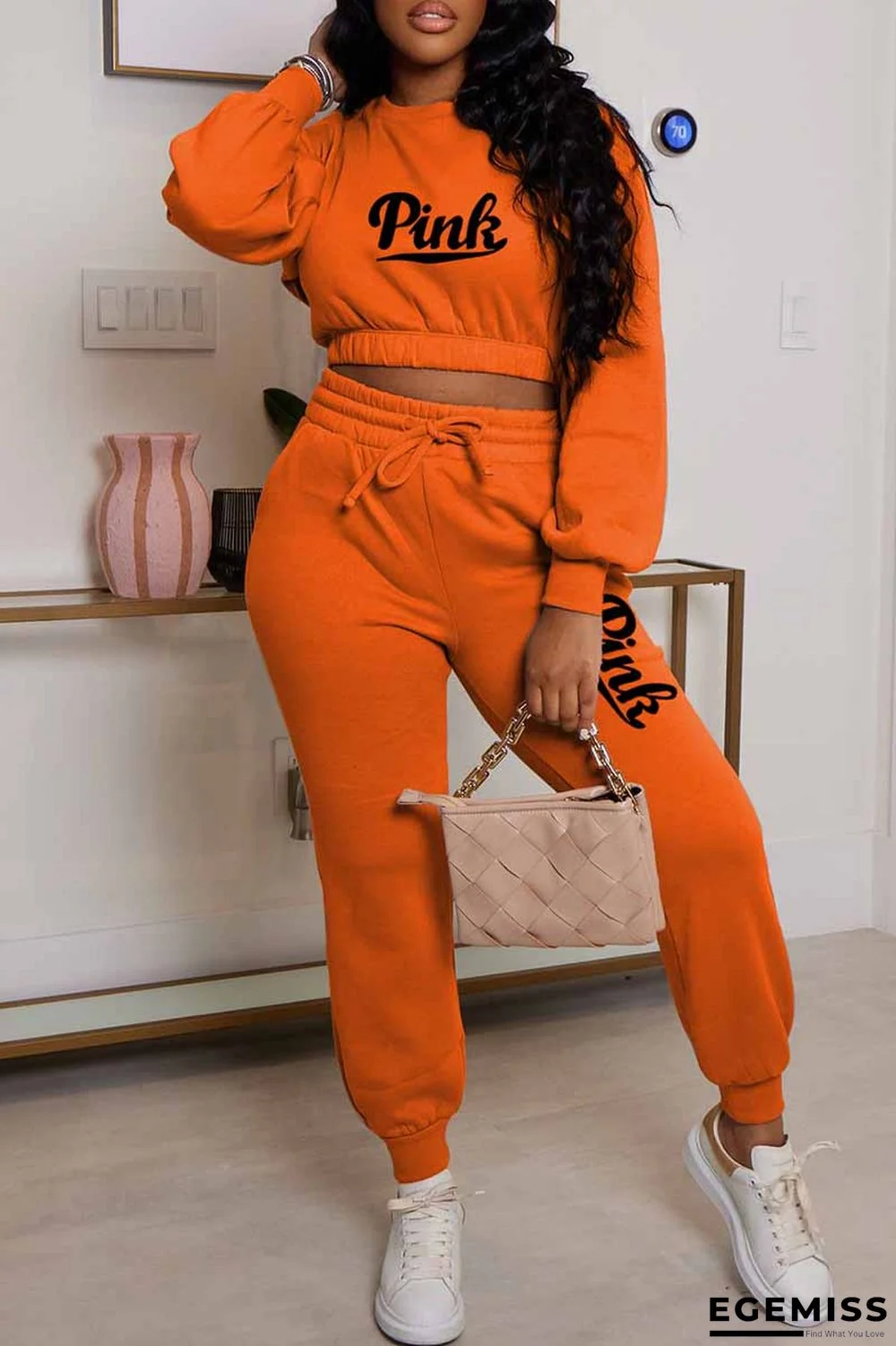 Orange Casual Print Letter O Neck Long Sleeve Two Pieces | EGEMISS