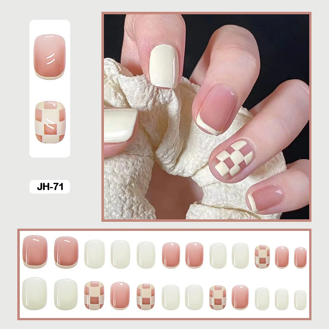 24pcs/box Classic Checkerboard Pattern Geometric Simplicity Nail Art Short False Nails With Glue Fake Nails With Wearing Tools-Nail Inspo