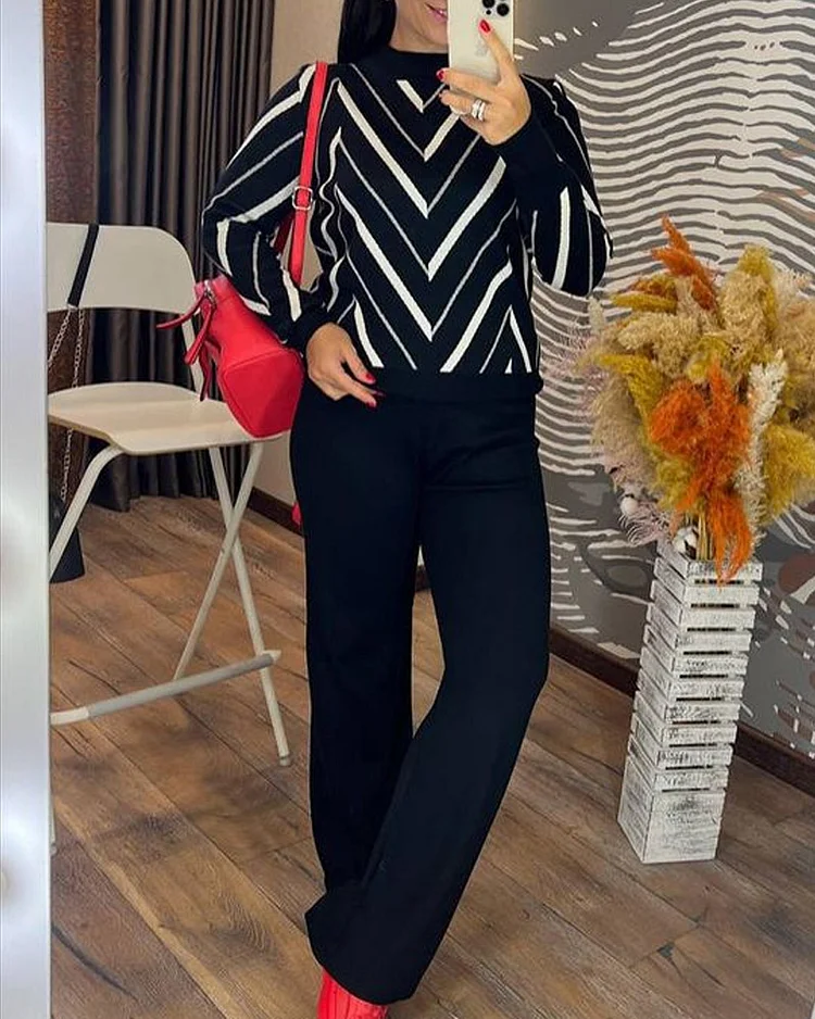 Solid Color V-neck Striped Knitted Sweater