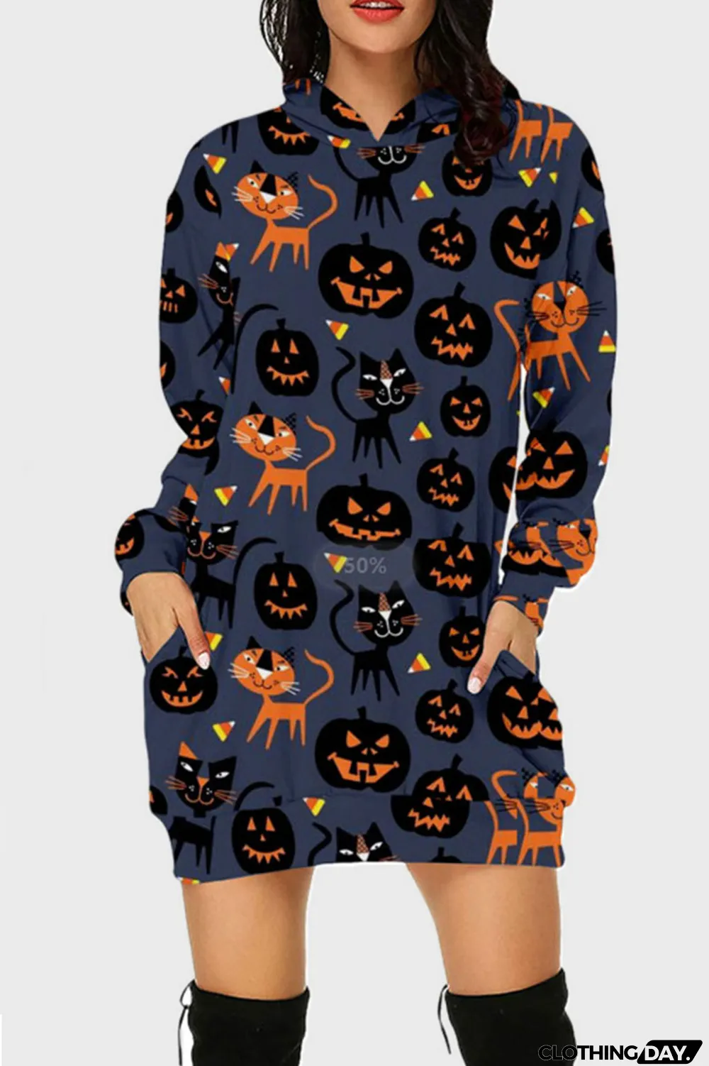 Black Street Print Split Joint Hooded Collar Long Sleeve Dresses