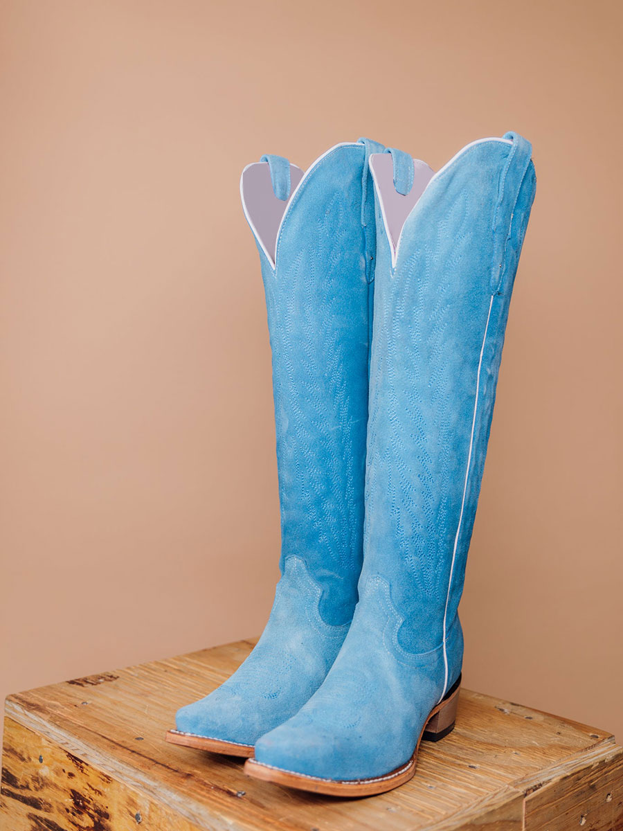 Blue Faux Suede Wide Calf Chunky Heel Knee Cowboy Boots for Women