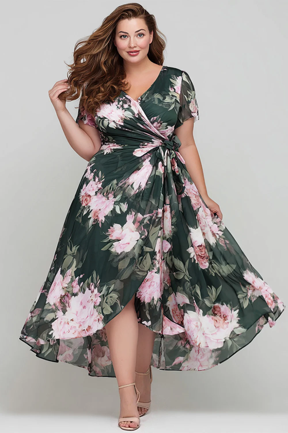 Flycurvy Plus Size Wedding Guest Dark Green Chiffon Floral Print