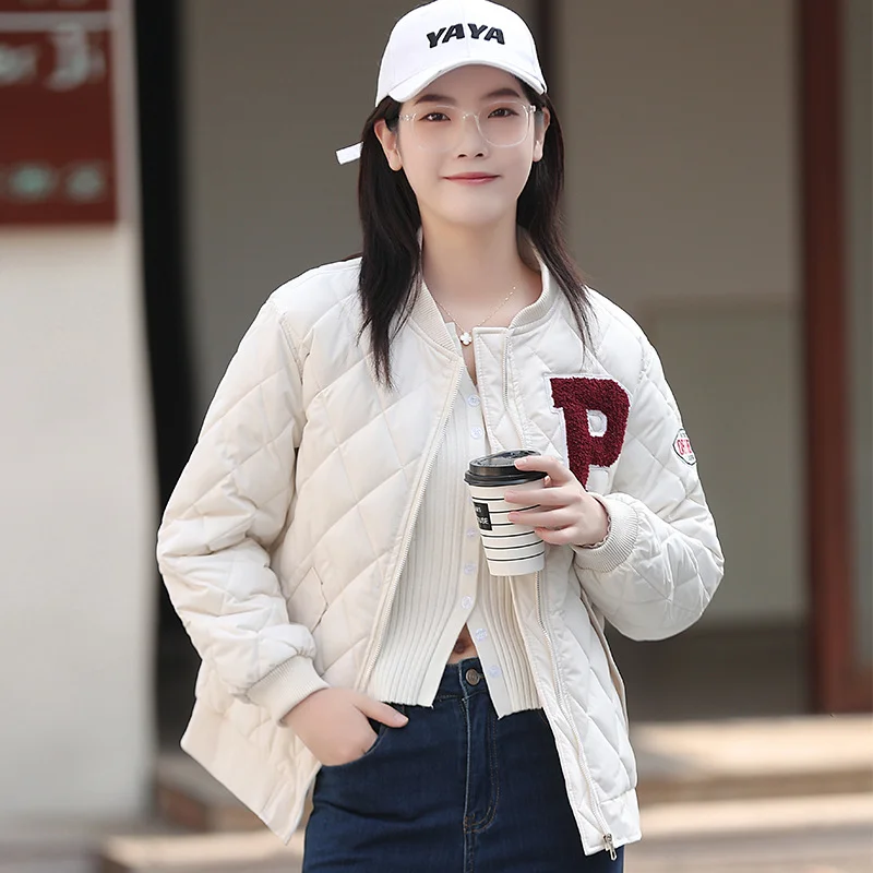 Woherb 2024 Winter Retro Hong Kong Style Loose Diamond Baseball Clothes Cotton-Padded Coat Female Popular Logo Light Cotton-Padded Coat-Outfit Ideas