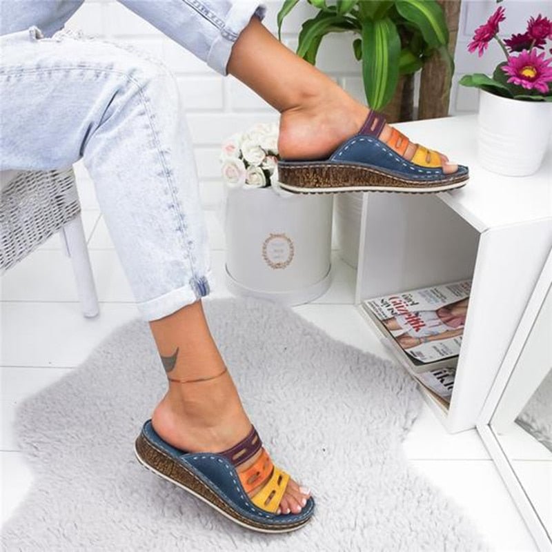 New Women Summer Stitching Sandals Casual Slip on Open Toe Sandals Rome Retro Leather Platform Wedge Slides Beach Shoes Ladies