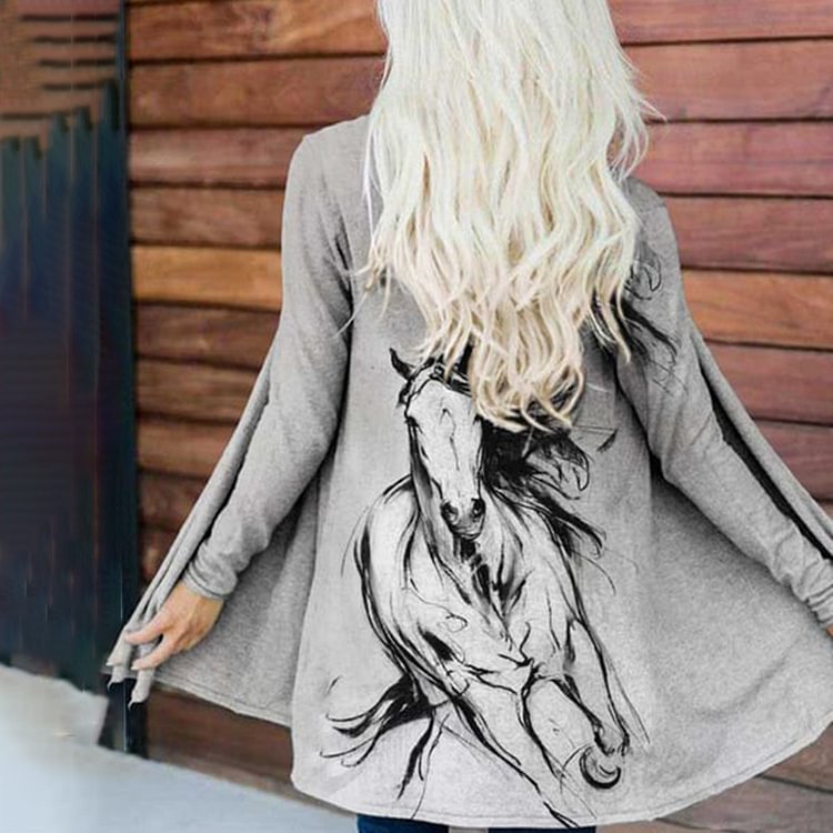 Vefave Western Horse Print Long Sleeve Casual Cardigan