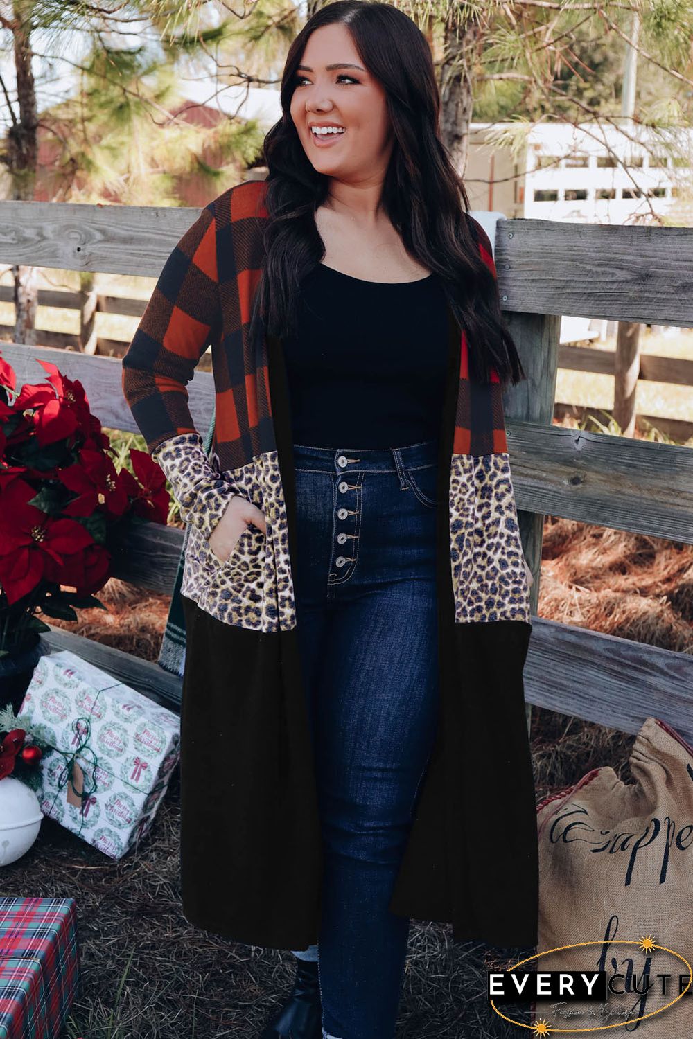 Red Buffalo Plaid Leopard Colorblock Plus Size Duster Cardigan