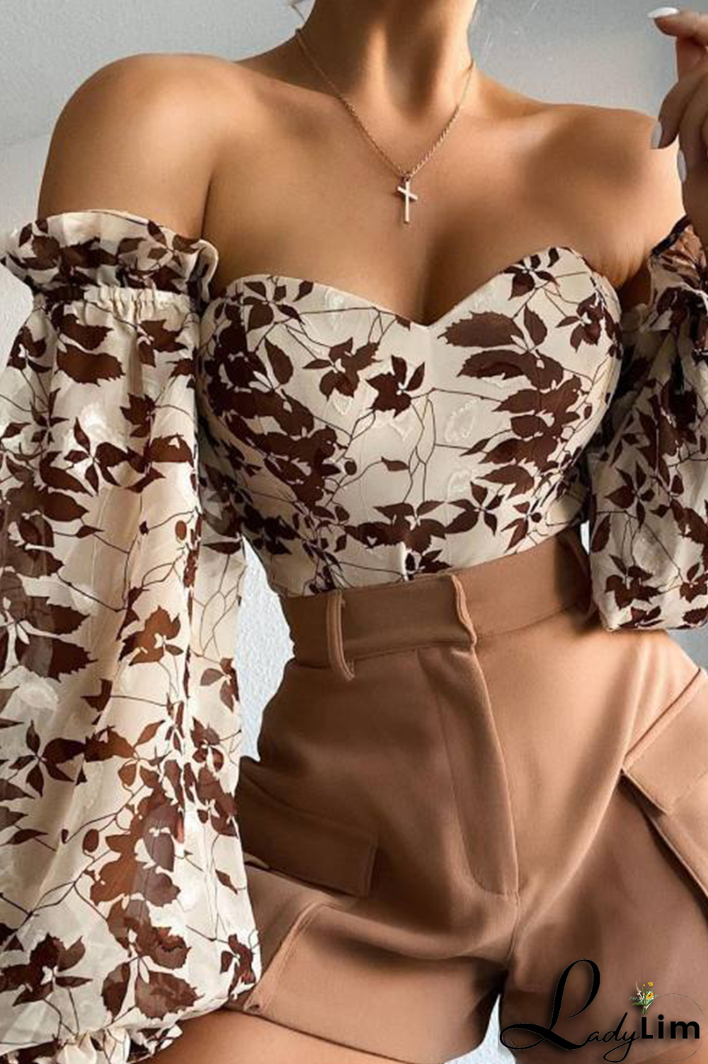 Khaki Fashion Print Patchwork Off the Shoulder Tops