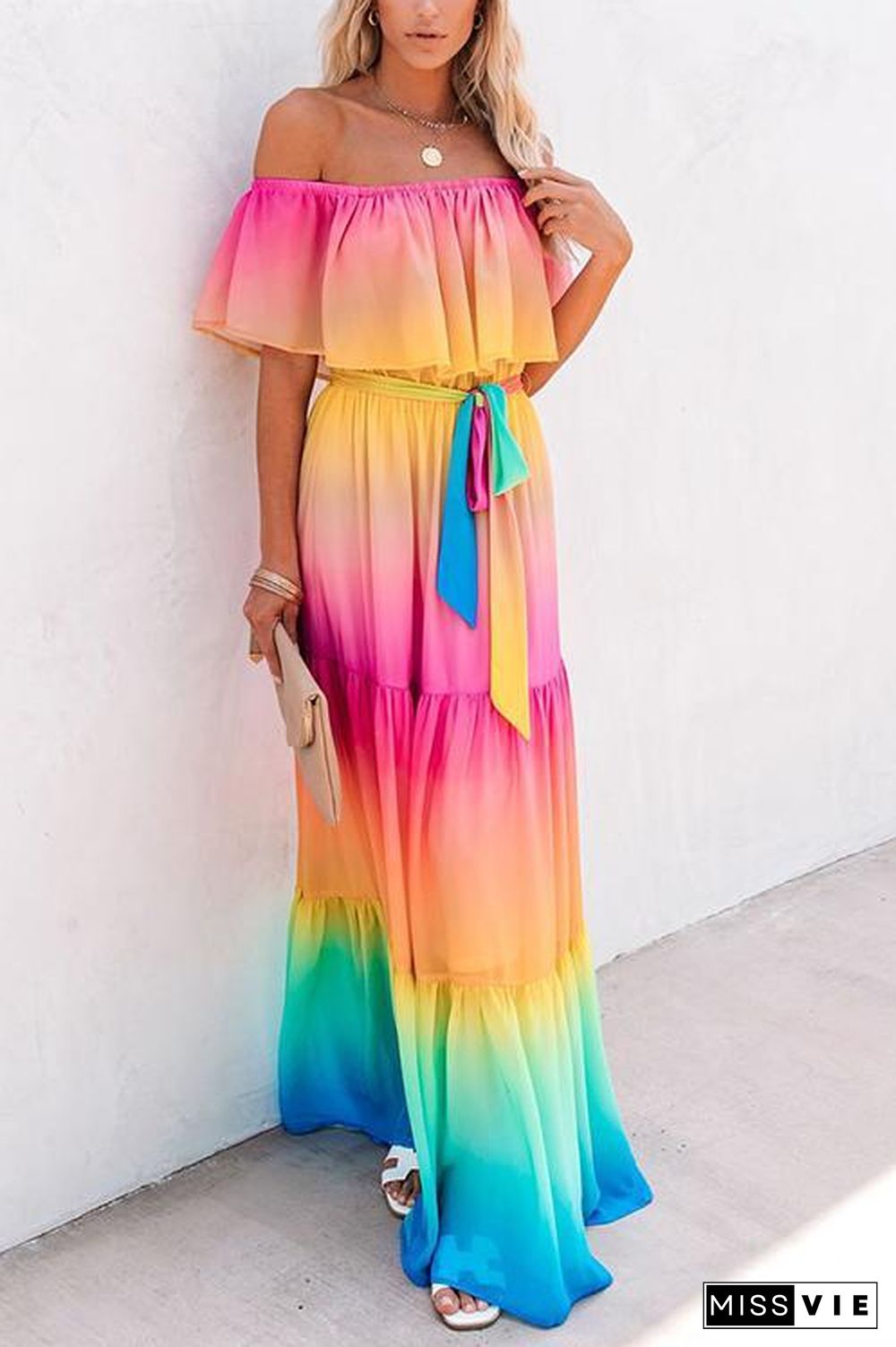 Gradient Off Shoulder Belted Maxi Dress