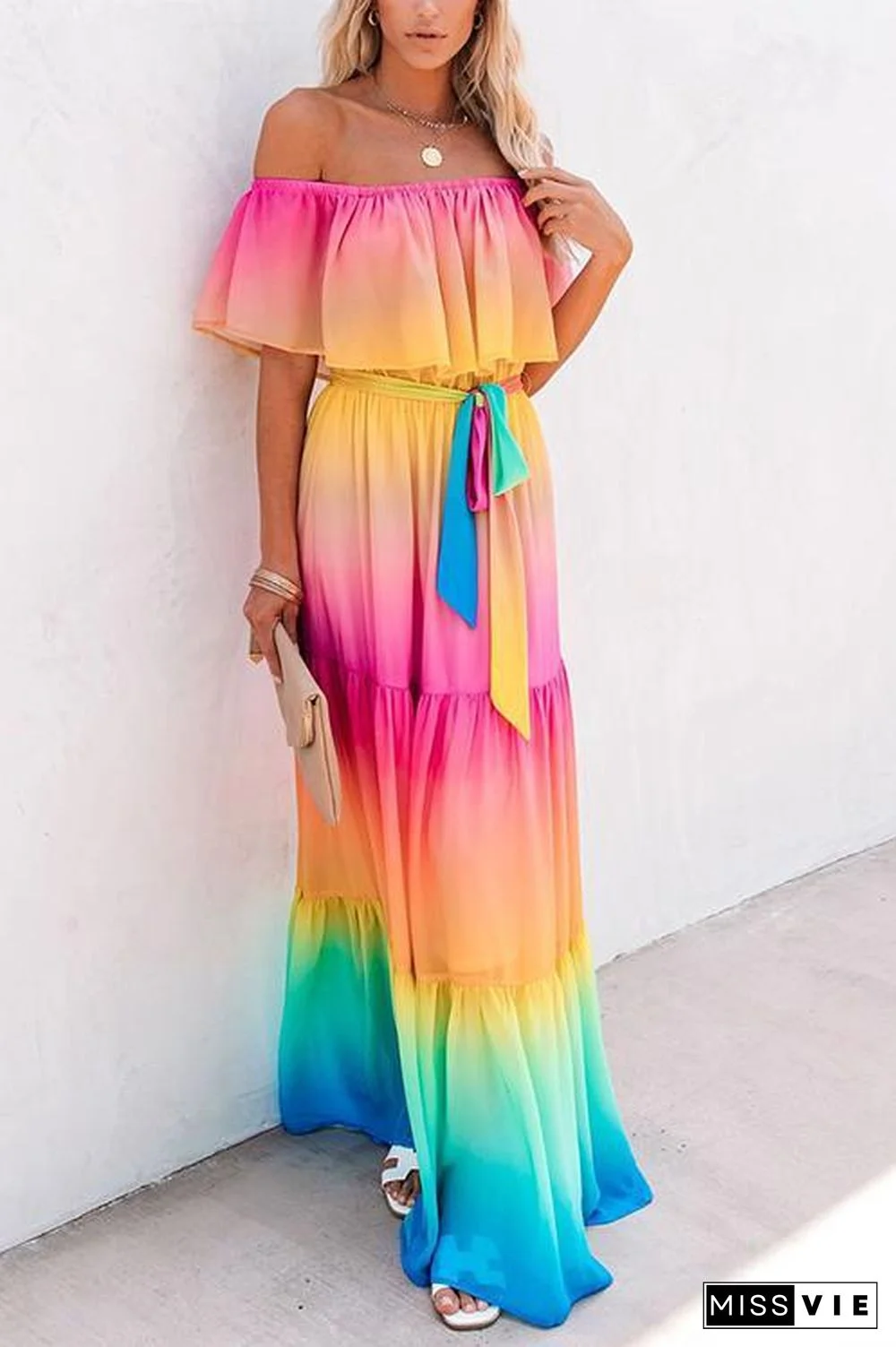 Gradient Off Shoulder Belted Maxi Dress