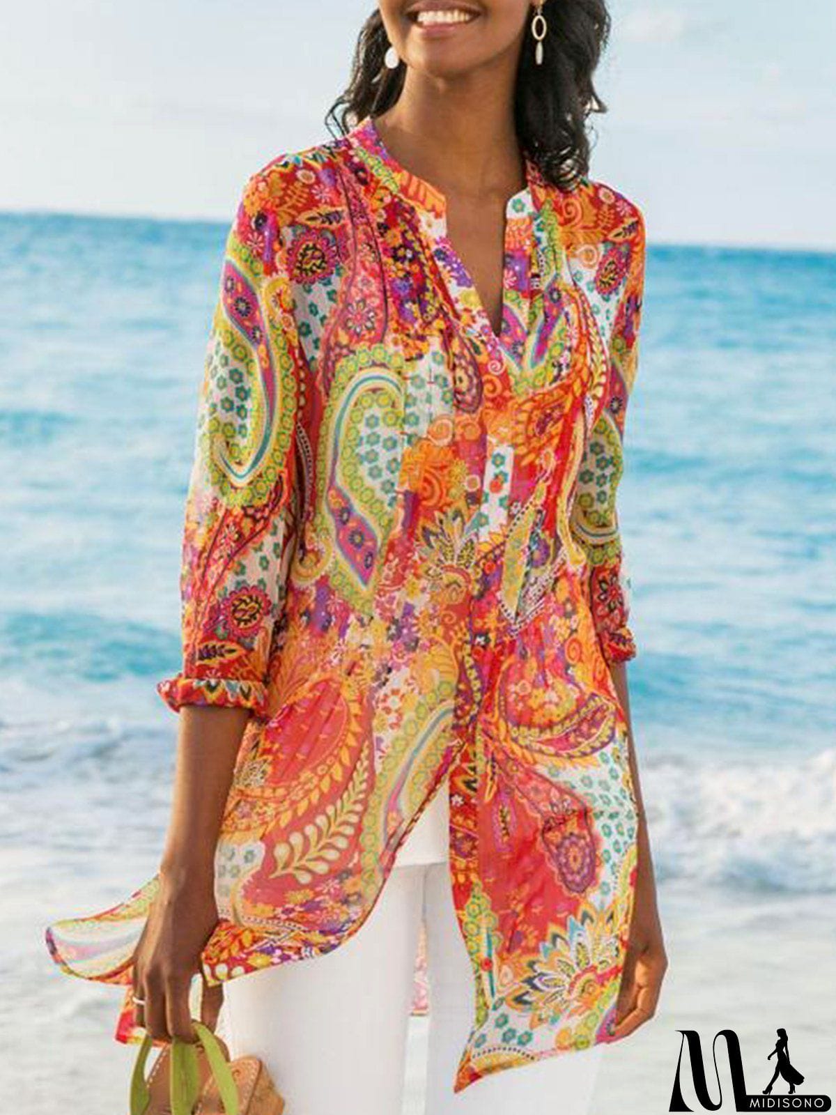 MidiSono - Women's Printed Casual Loose Plus Size Chiffon Shirts