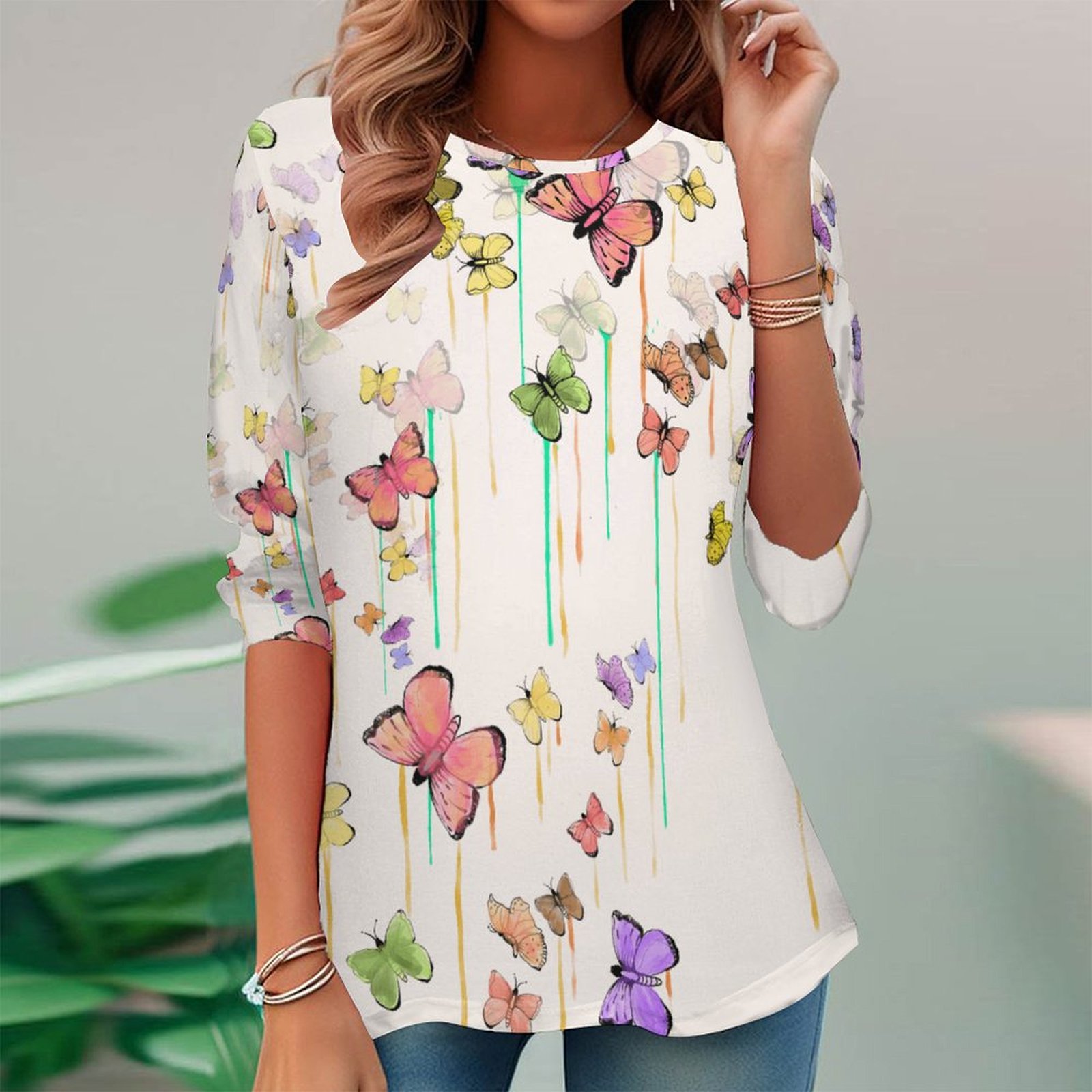 Women Long Sleeve V-neck Graphic Floral Printed Top