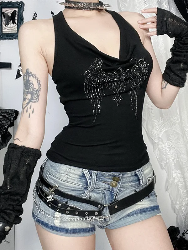 Gothic Bat Cross Rhinestone Crisscross Lace-Up & Draped Neckline Backless Top
