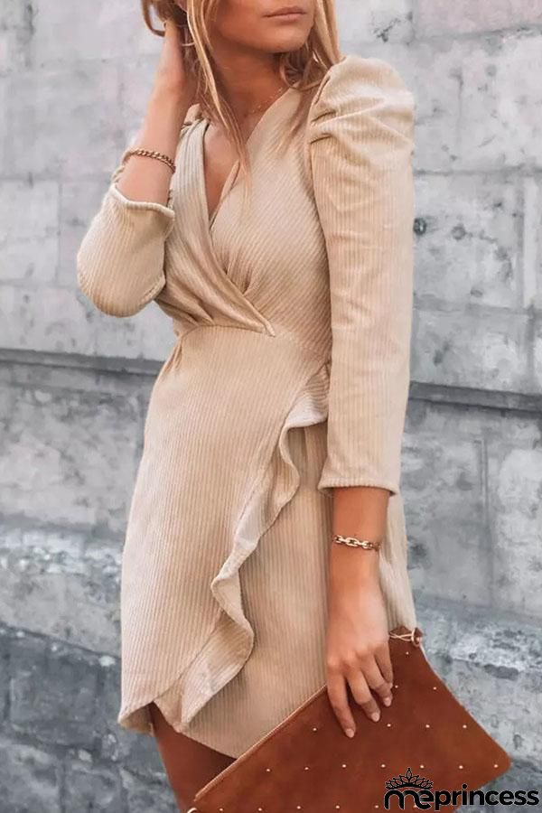V-Neck Puff Sleeve Ruffle Mini Dress