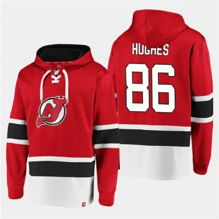 Men's New Jersey Devils #86 Jack Hughes Red Ageless Must-Have Lace-Up Pullover Hoodie GG70
