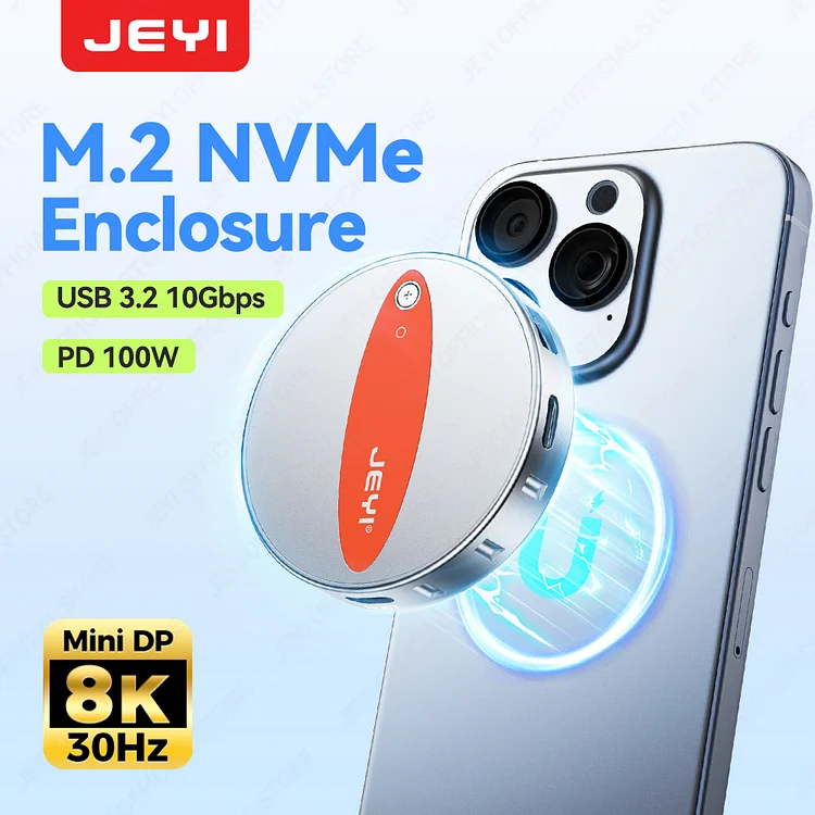 JEYI Magnetic M.2 NVMe 2242/30 SSD Enclosure 10Gbps PD 100W- Supports 8K30Hz MINI DP Compatible with iPhone 15/16 Pro Max ProRes