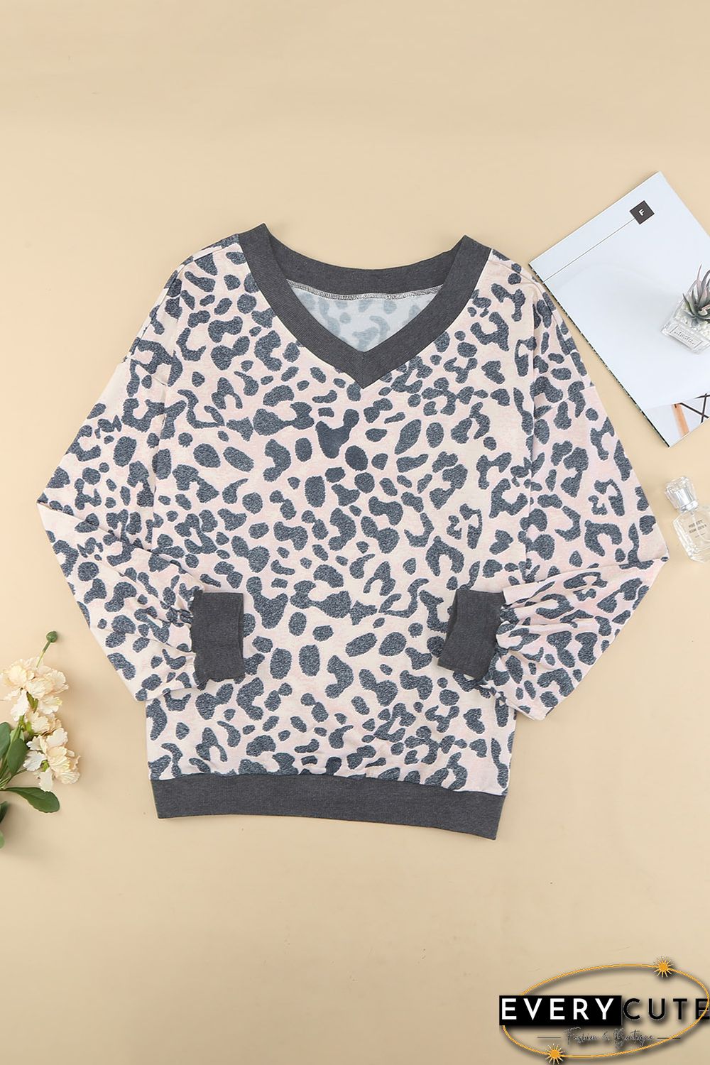 Leopard Print V Neck Loose Plus Size Blouse