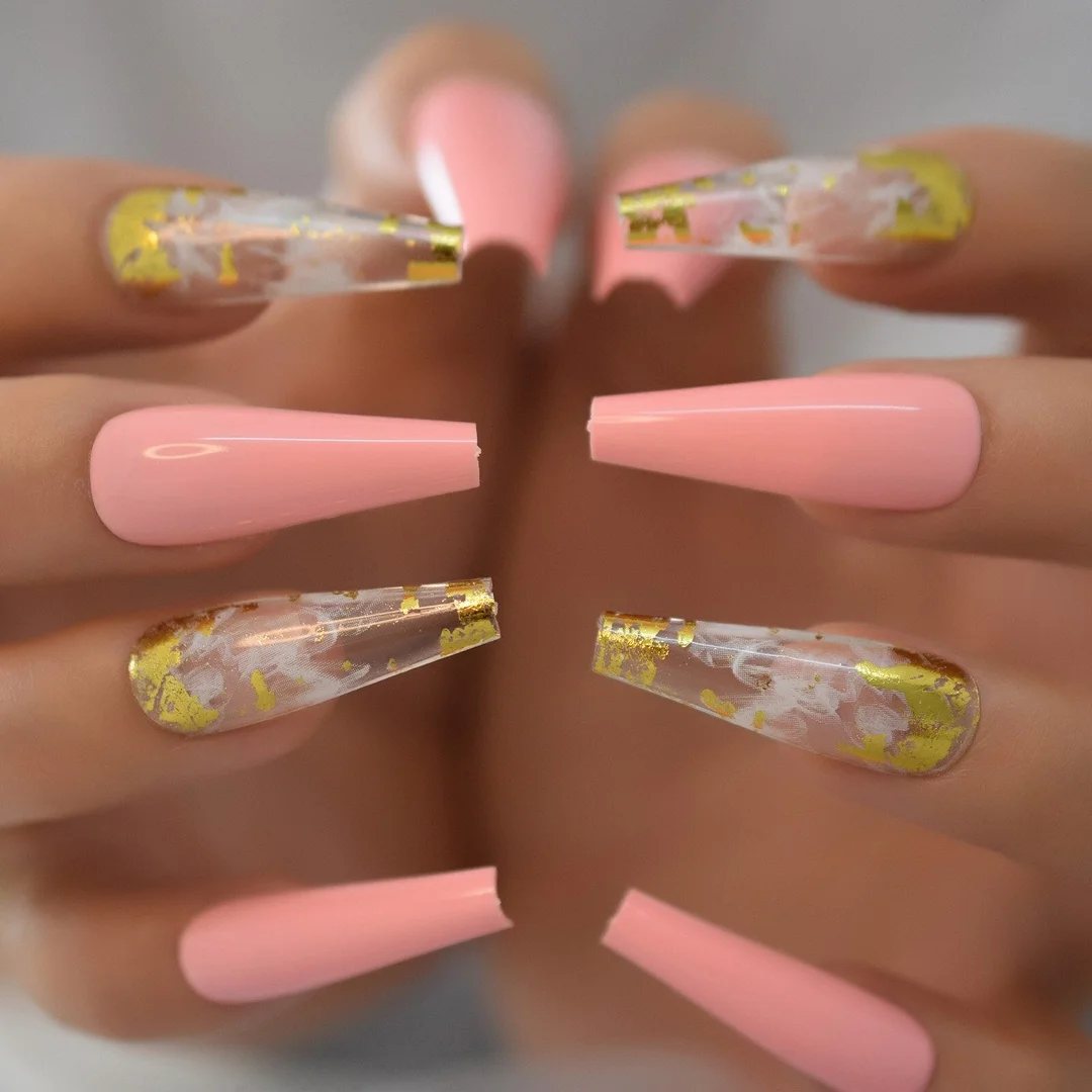 Glossy Nail Tips With 6pcs Foil Press On Nails 2021 Coffin Fingernails Extra Long Manicure With Design Supplies For Professional-Nail Inspo