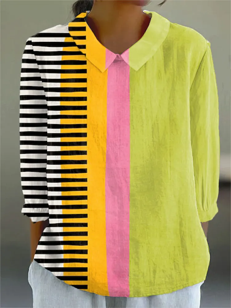 Women's Vintage Abstract Geometric Art Print Casual Cotton And Linen 3/4 Sleeve Shirt