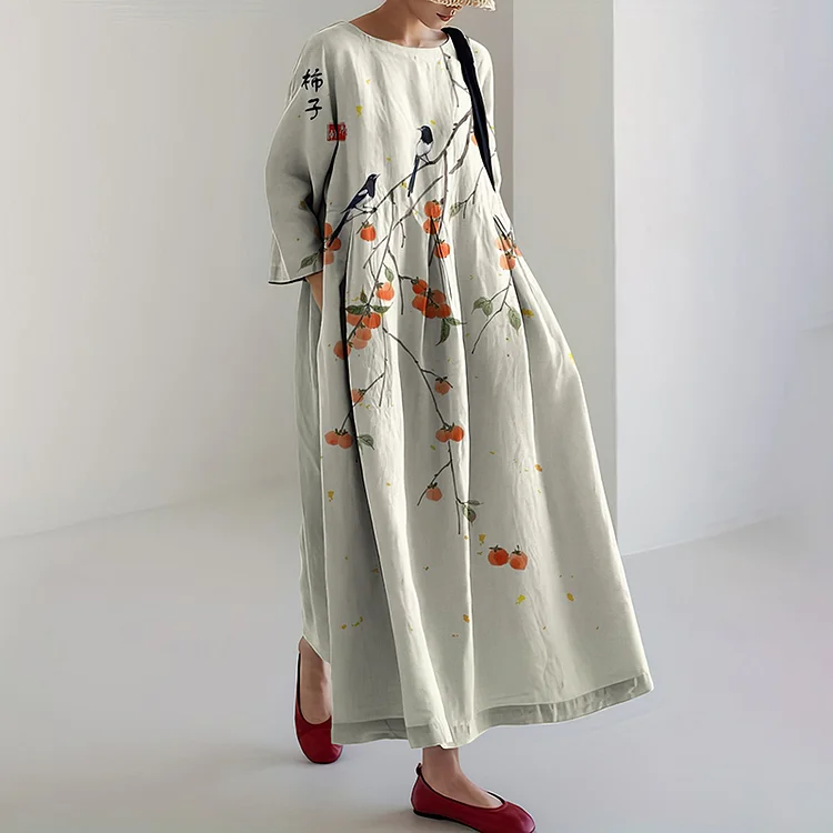 Comstylish Japanese Persimmon Art Linen Blend Maxi Dress