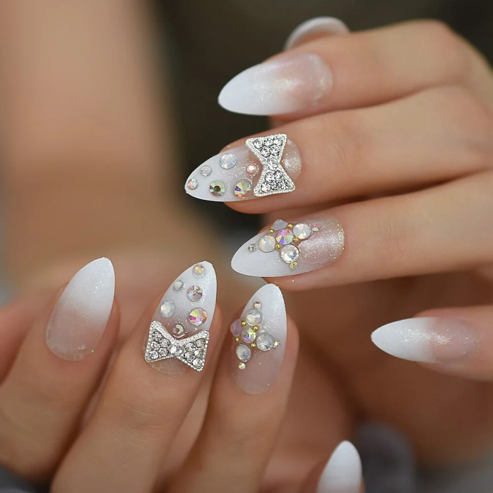 Bowtie Fake Diamond Rhinestone Decoration Nails Medium-Short Almond Sharp White Fadeing EchiQ Nails Tip Fingernails Supplies